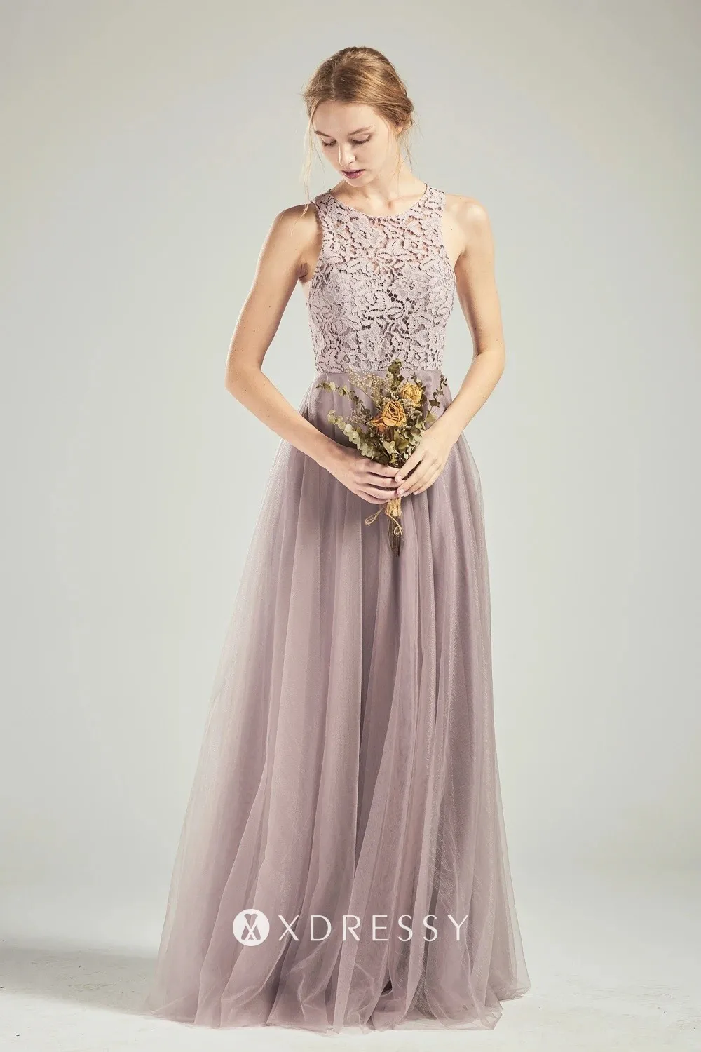 tan lace and tulle jewel neckline bridesmaid dress