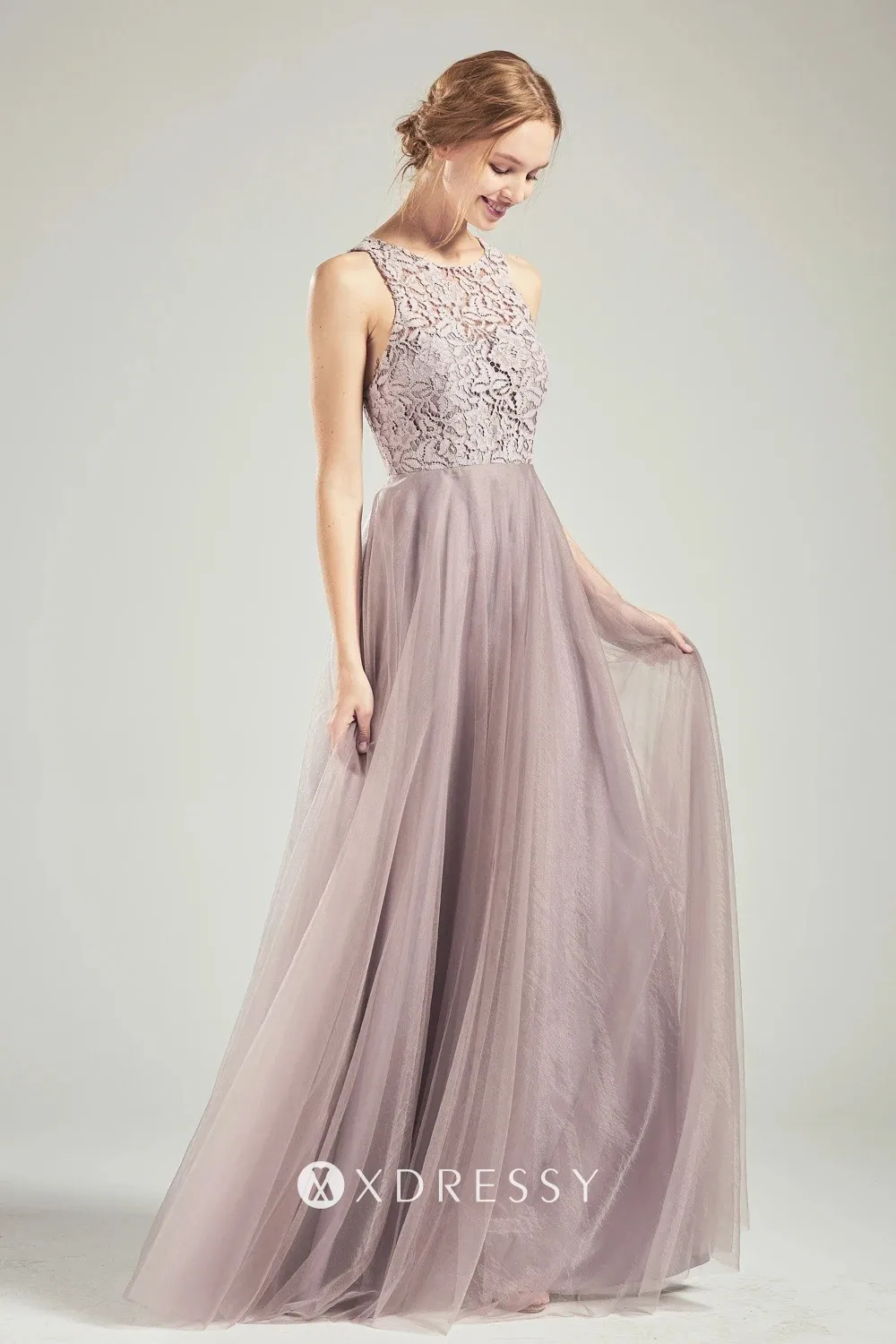 tan lace and tulle jewel neckline sleeveless bridesmaid dress
