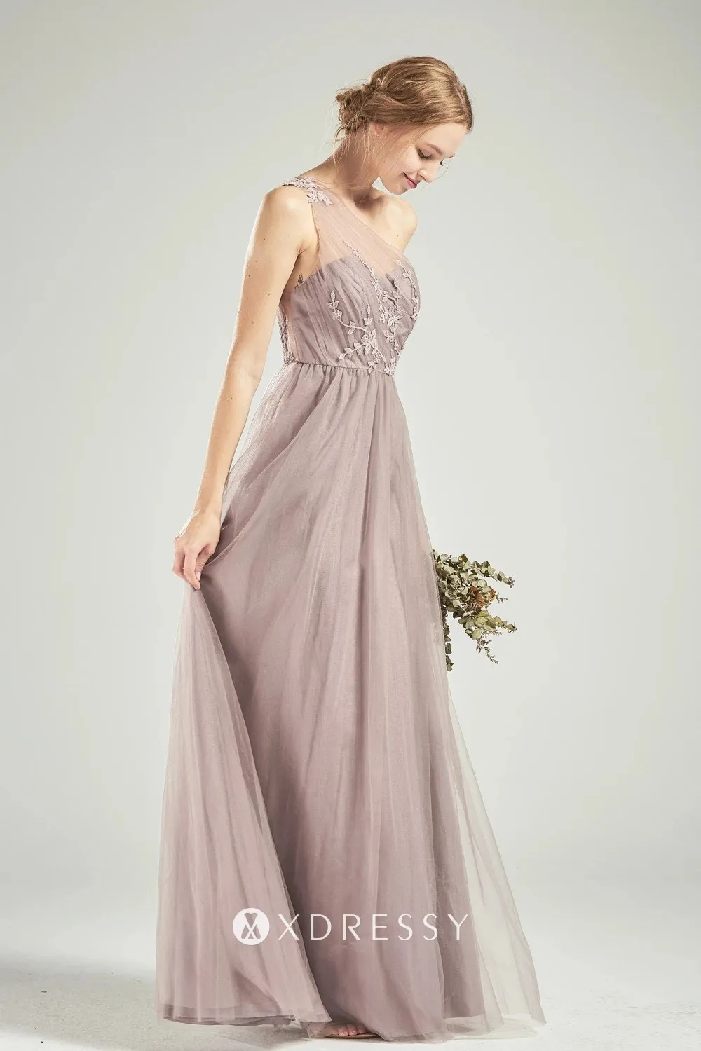 Modest one shoulder tan lace and tulle A line bridesmaid dress Modest one shoulder tan lace and tulle A line bridesmaid dress