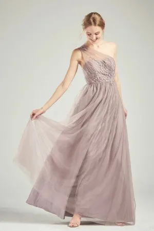 Modest one shoulder tan lace and tulle bridesmaid dress