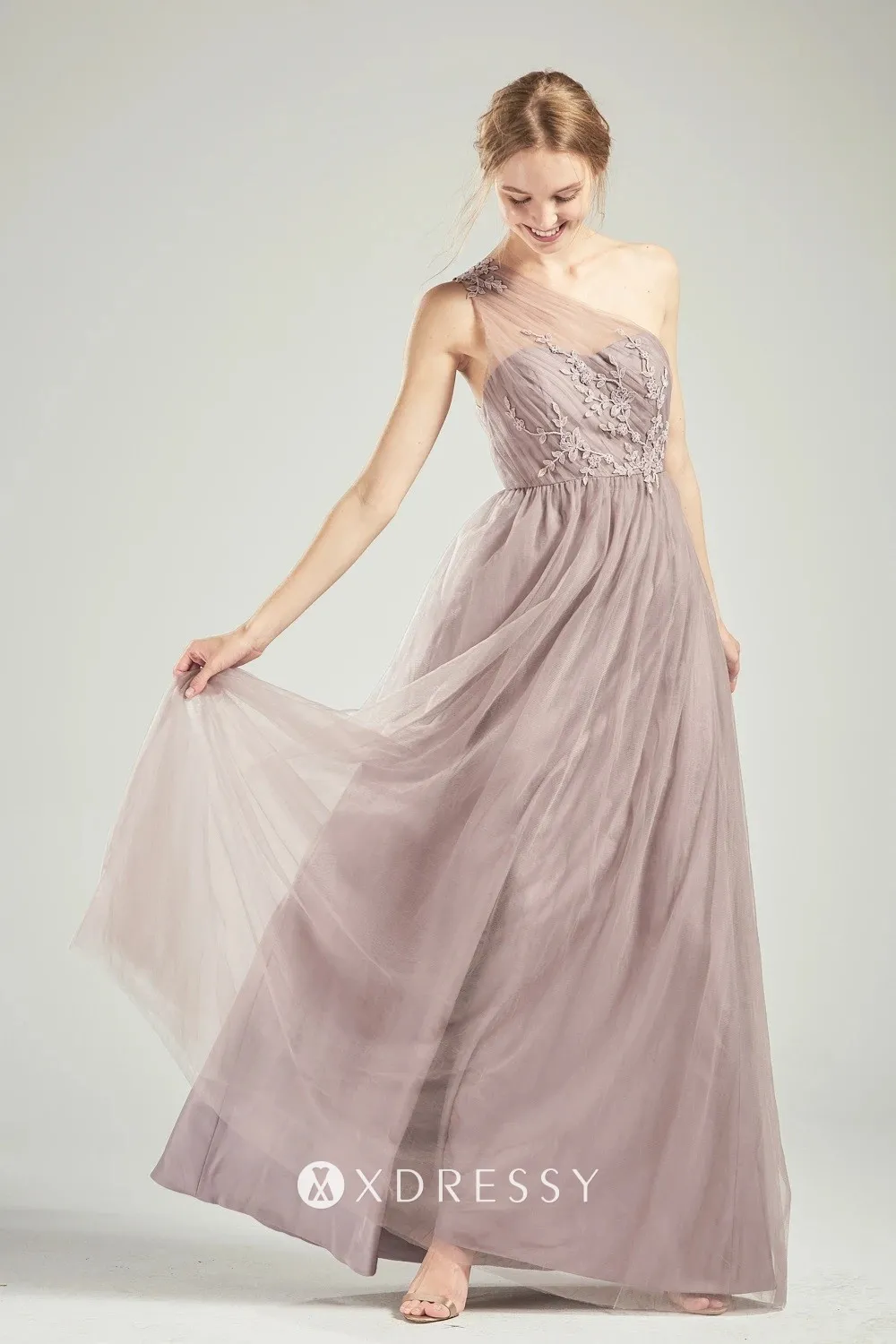Modest one shoulder tan lace and tulle bridesmaid dress Modest one shoulder tan lace and tulle bridesmaid dress