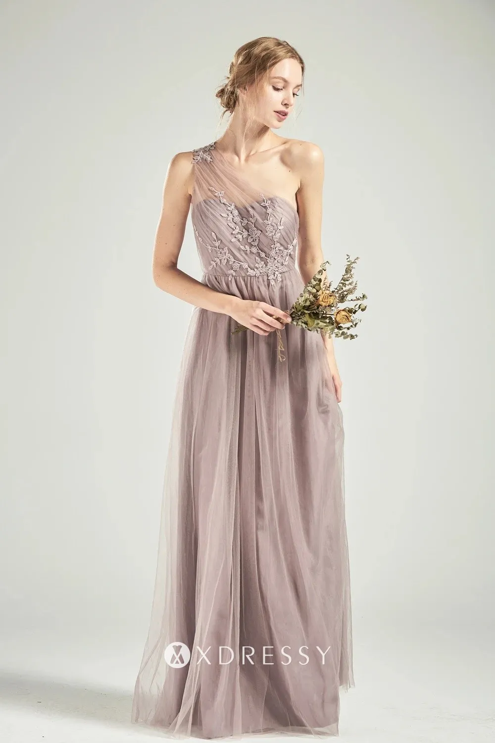 Modest one shoulder tan lace and tulle bridesmaid gown Modest one shoulder tan lace and tulle bridesmaid gown