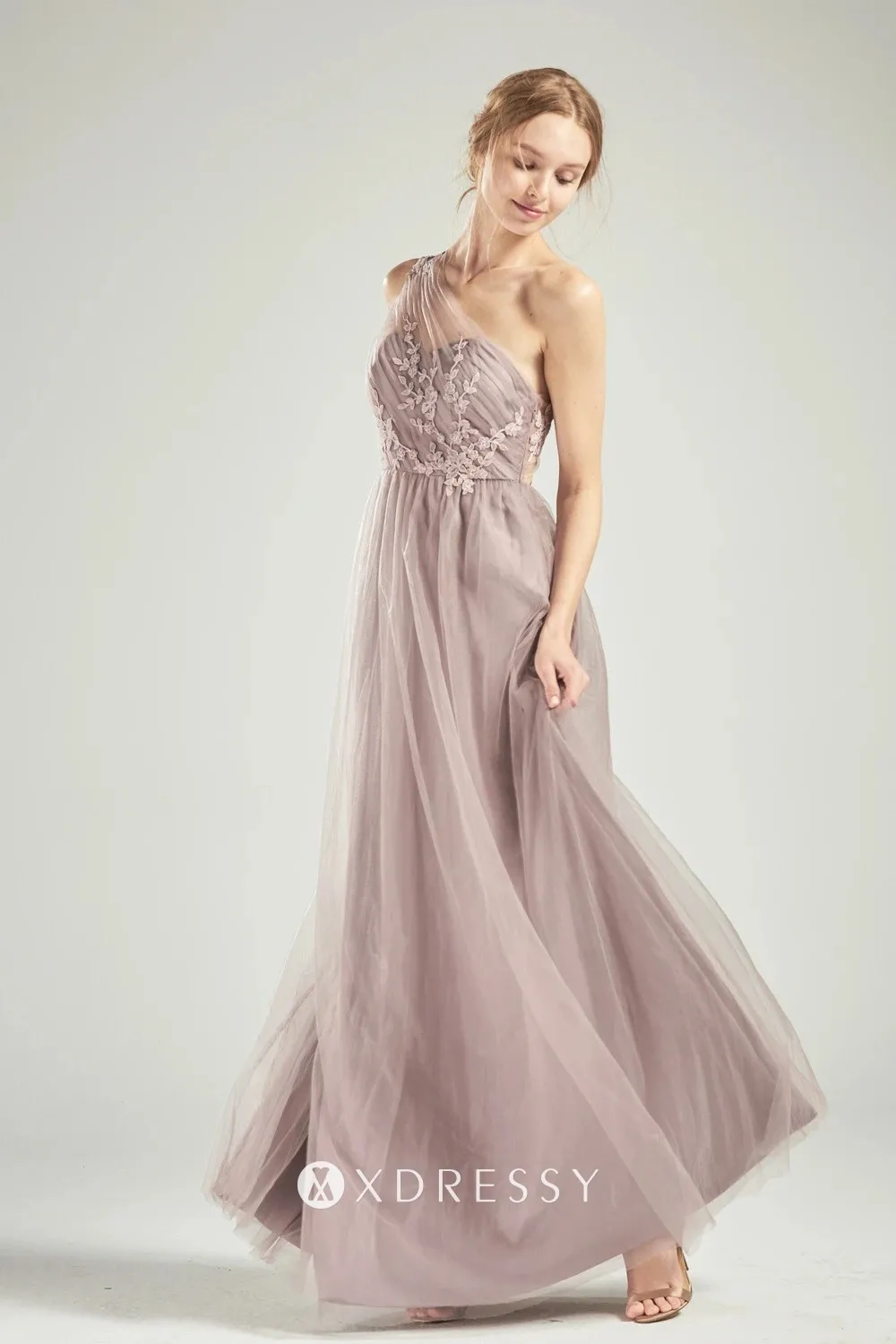 Modest one shoulder tan lace and tulle floor length bridesmaid dress Modest one shoulder tan lace and tulle floor length bridesmaid dress