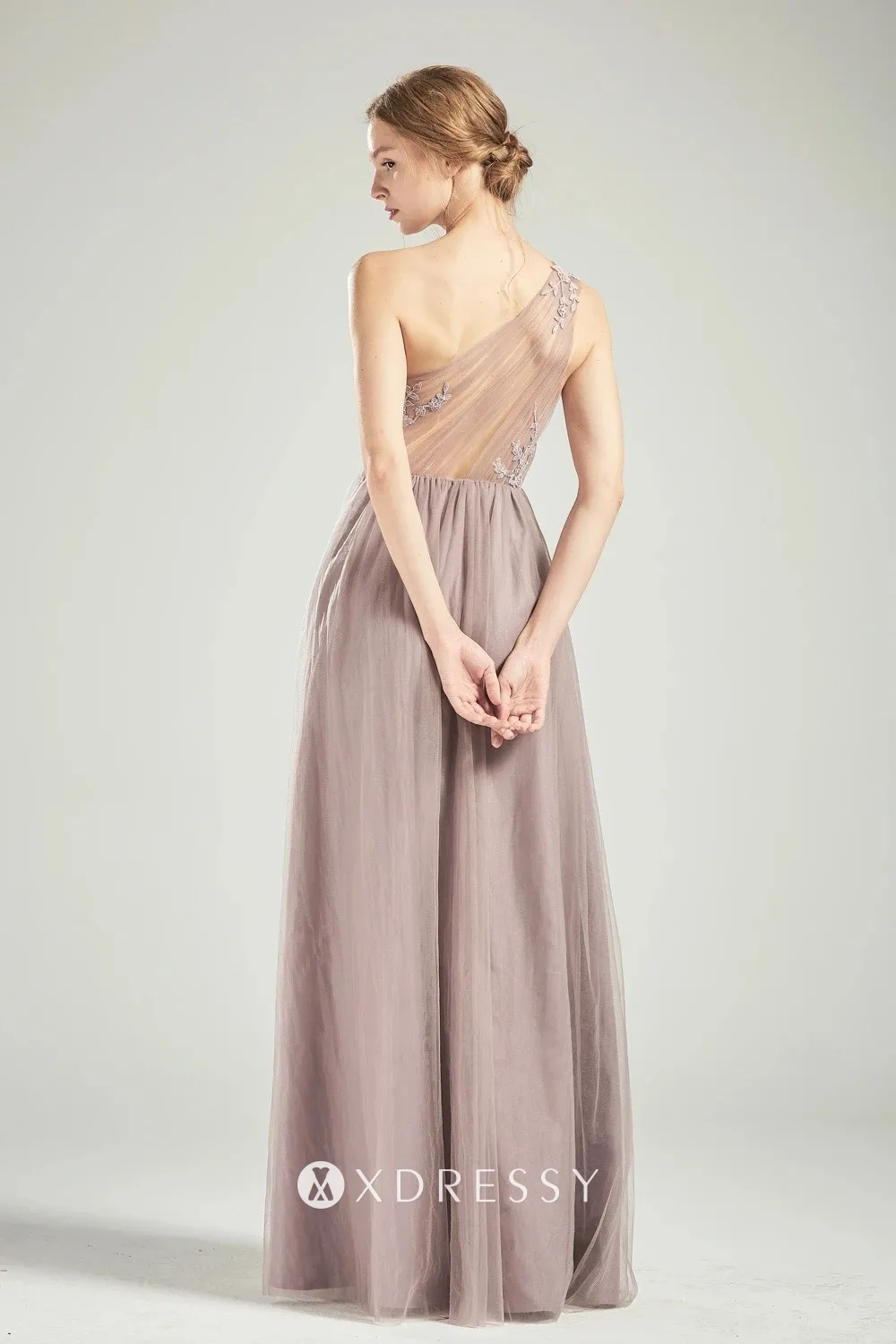 Modest one shoulder tan lace illusion back and tulle bridesmaid dress Modest one shoulder tan lace illusion back and tulle bridesmaid dress