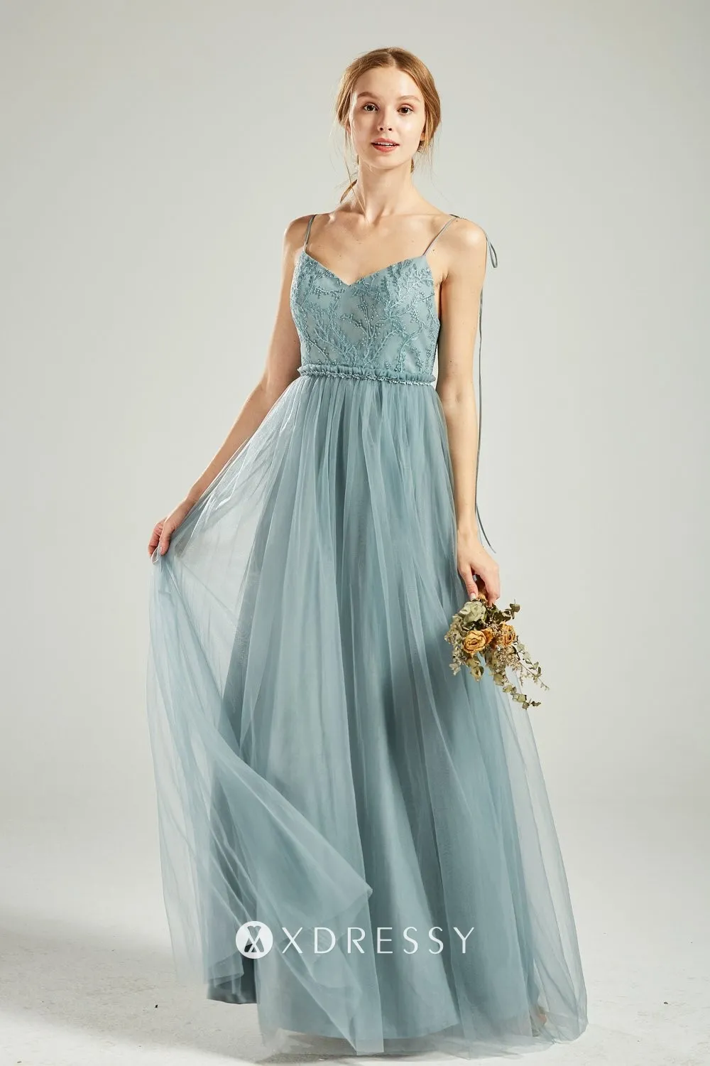 Dusty blue lace appliqued tulle overlay fancy bridesmaid dress Dusty blue lace appliqued tulle overlay fancy bridesmaid dress