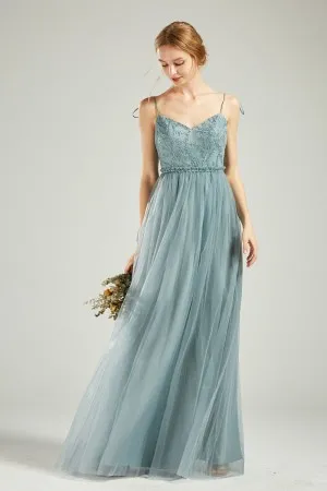 Dusty blue lace appliqued tulle overlay fancy dress