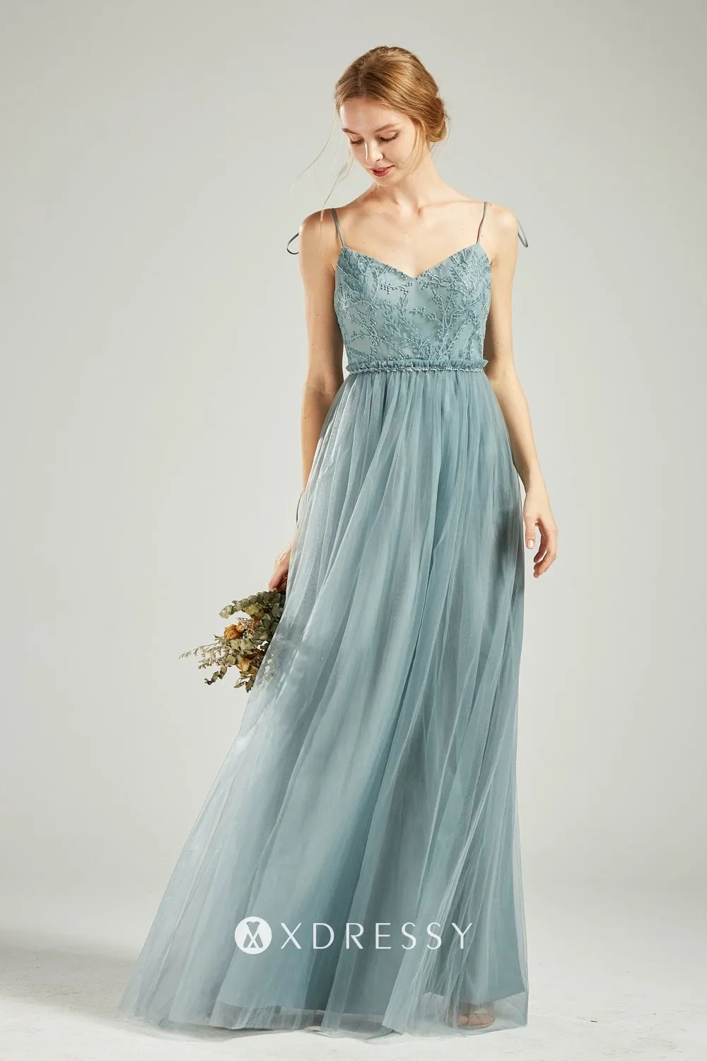 Dusty blue lace appliqued tulle overlay fancy dress Dusty blue lace appliqued tulle overlay fancy dress