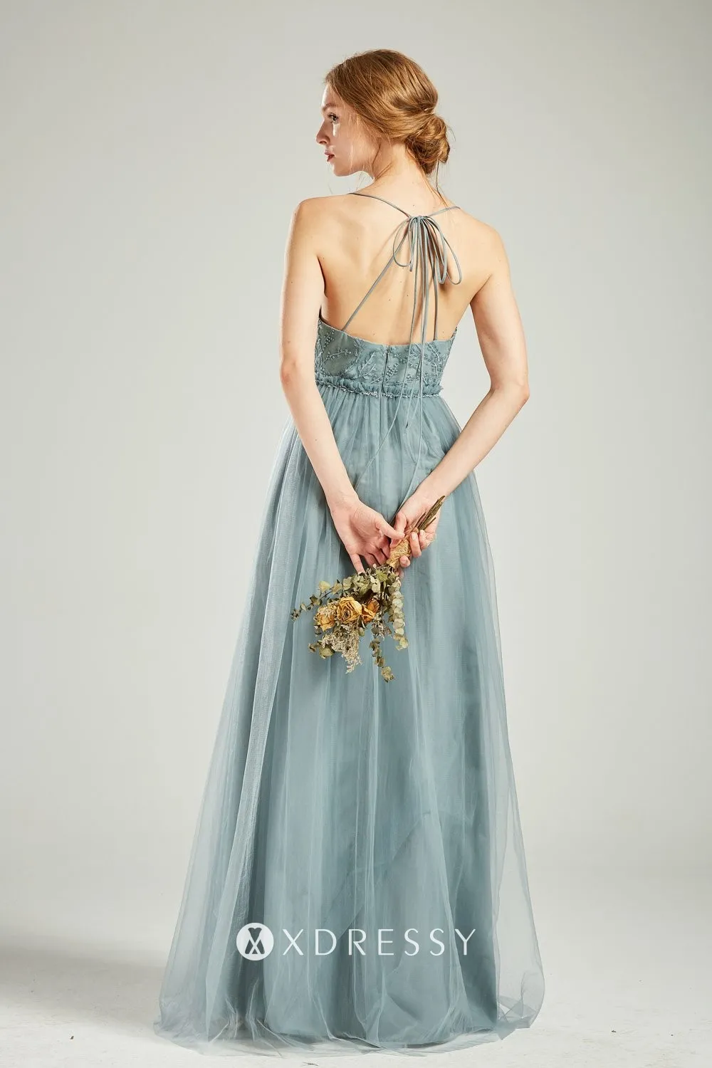 Dusty blue lace appliqued tulle overlay fancy gown Dusty blue lace appliqued tulle overlay fancy gown