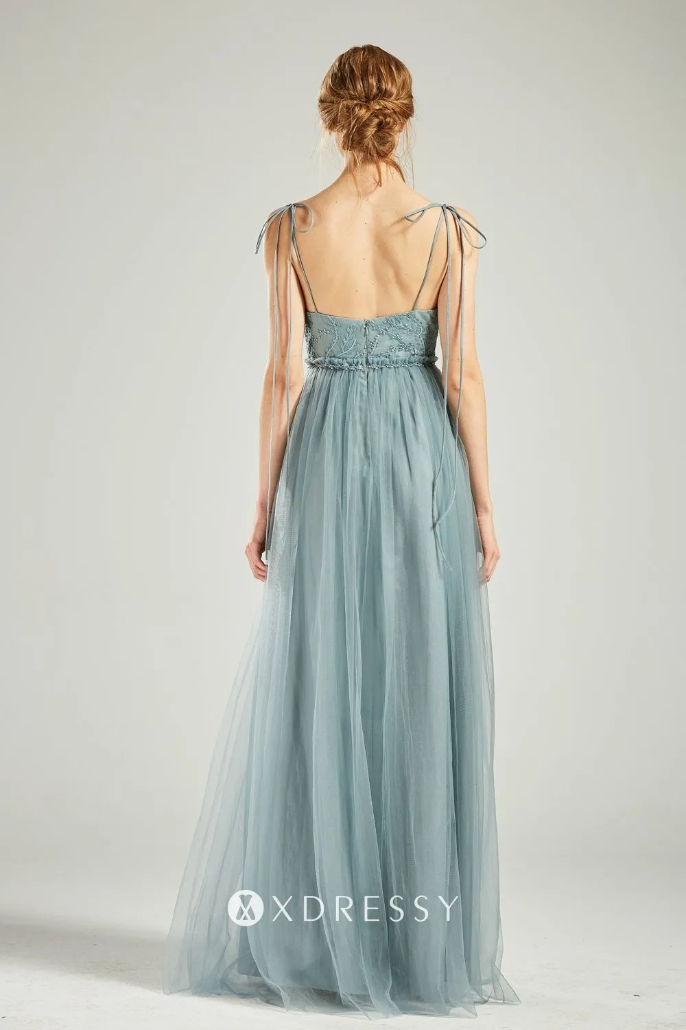 Dusty blue lace appliqued tulle overlay low back fancy dress Dusty blue lace appliqued tulle overlay low back fancy dress