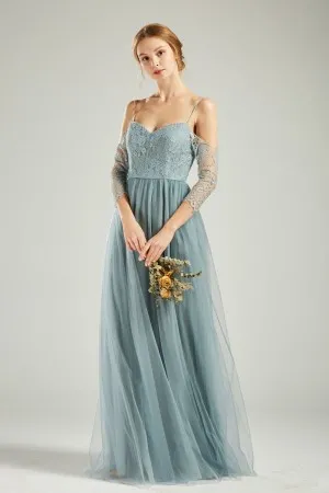dusty blue lace tulle 34 sleeve cold shoulder bridesmaid dress