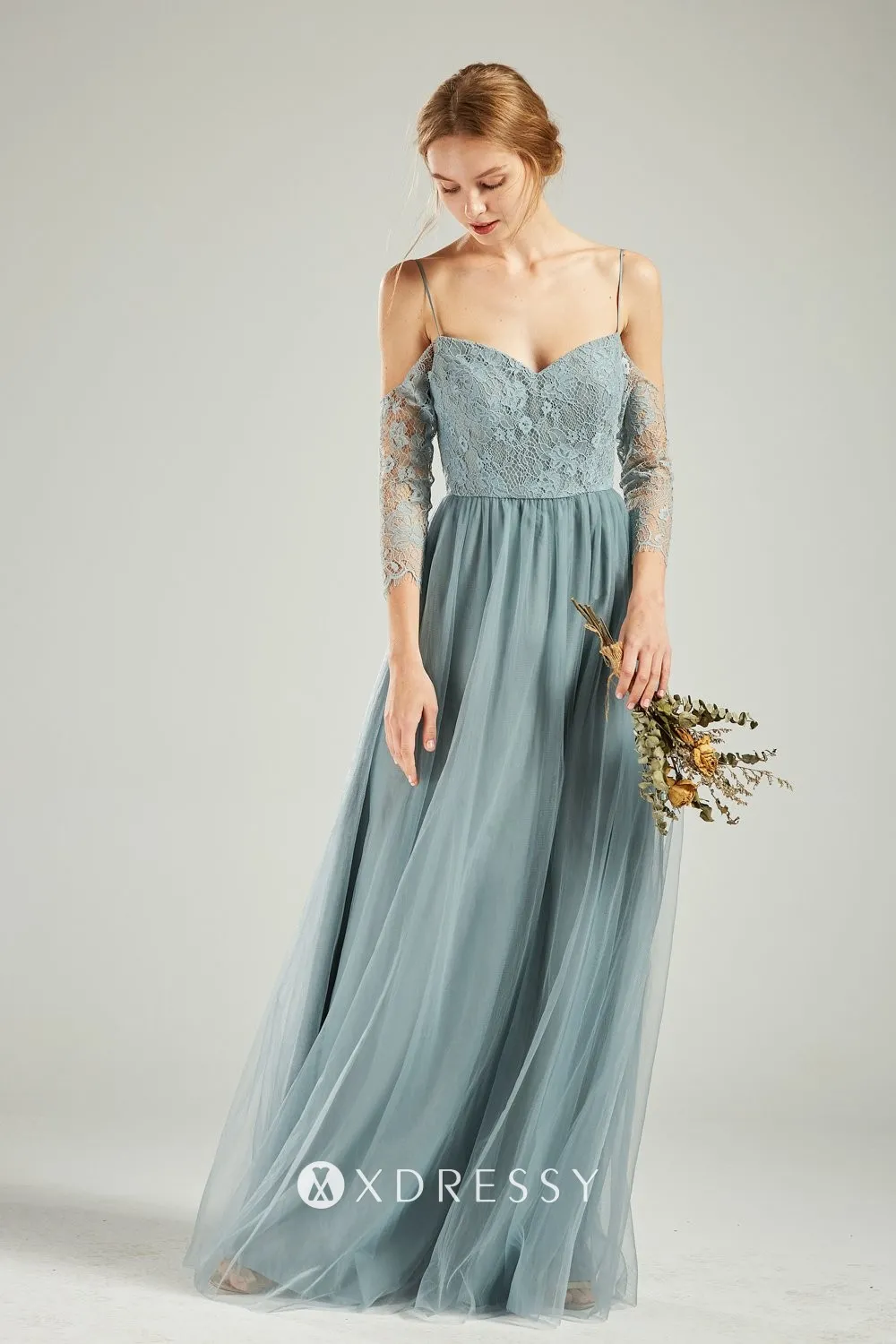 dusty blue lace tulle 34 sleeve cold shoulder bridesmaid gown