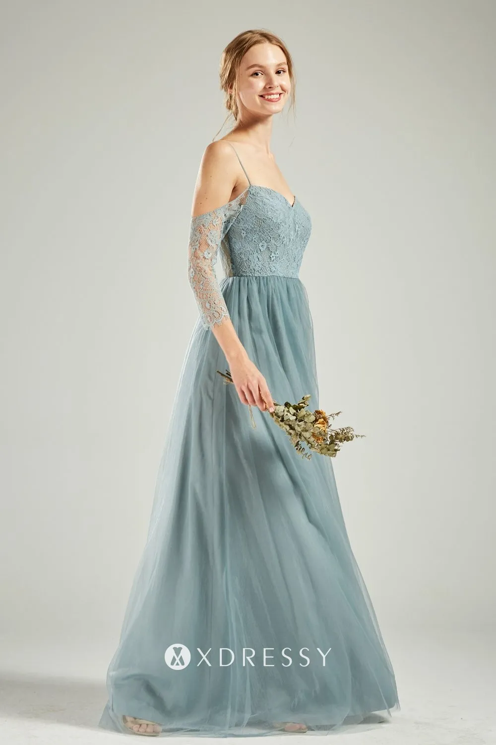 dusty blue lace tulle 34 sleeve cold shoulder maid dress