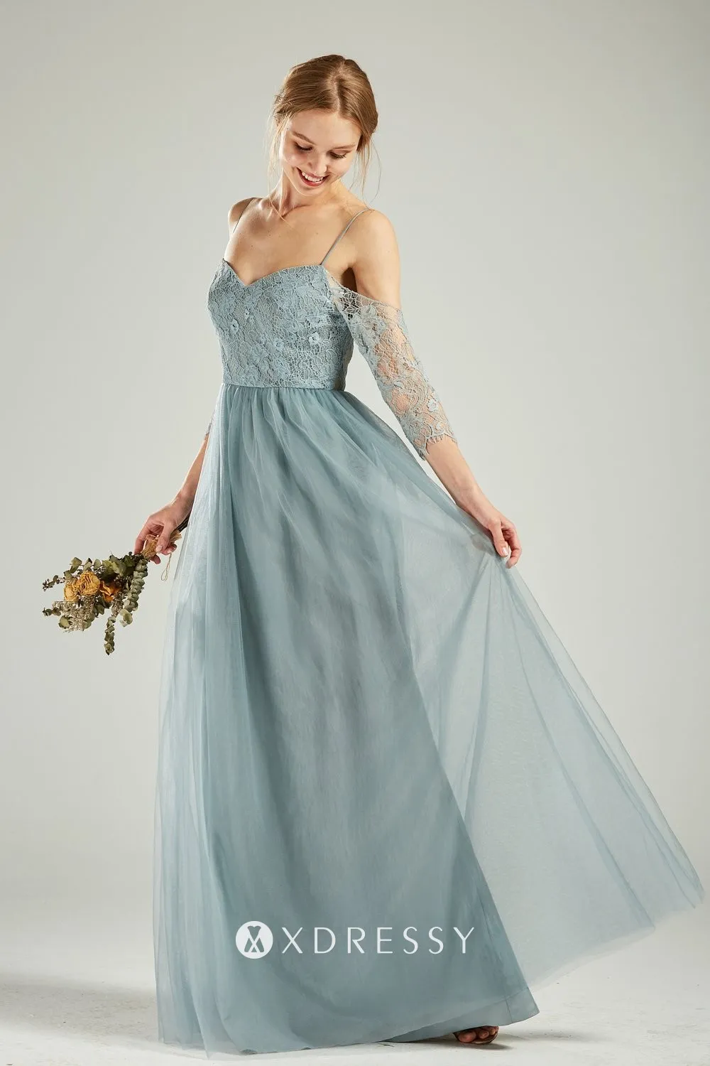 dusty blue lace tulle 34 sleeves cold shoulder bridesmaid dress