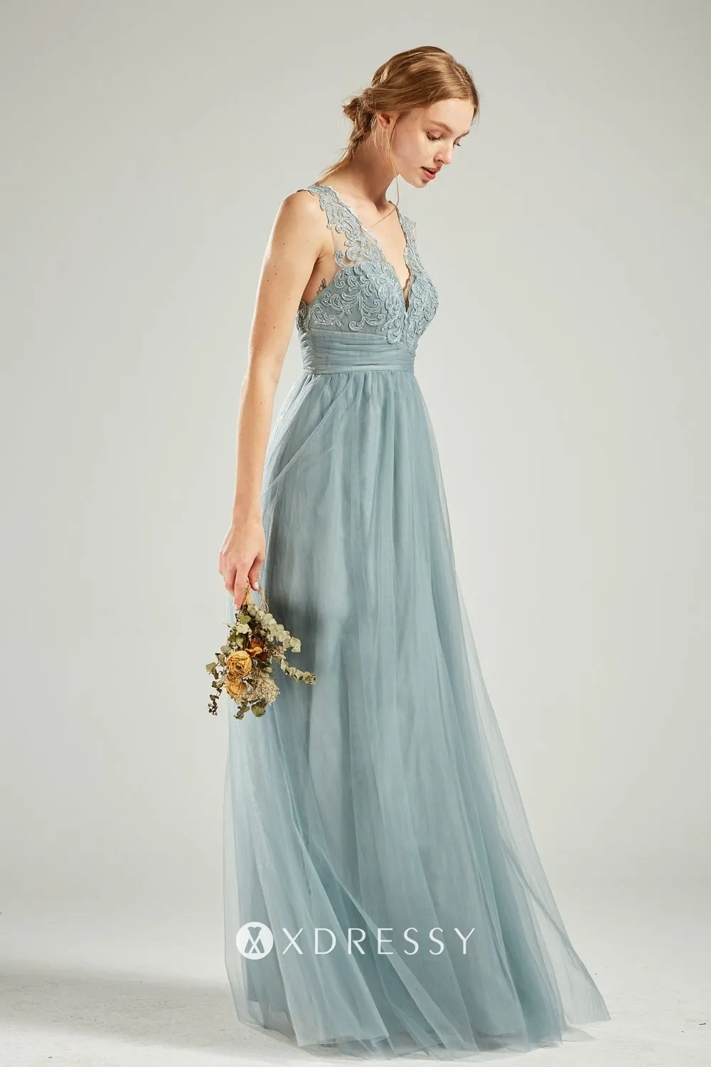 dusty blue scalloped lace tulle V neck A line bridesmaid dress