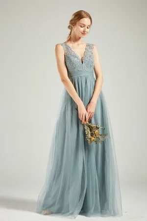 dusty blue scalloped lace tulle V neck bridesmaid dress