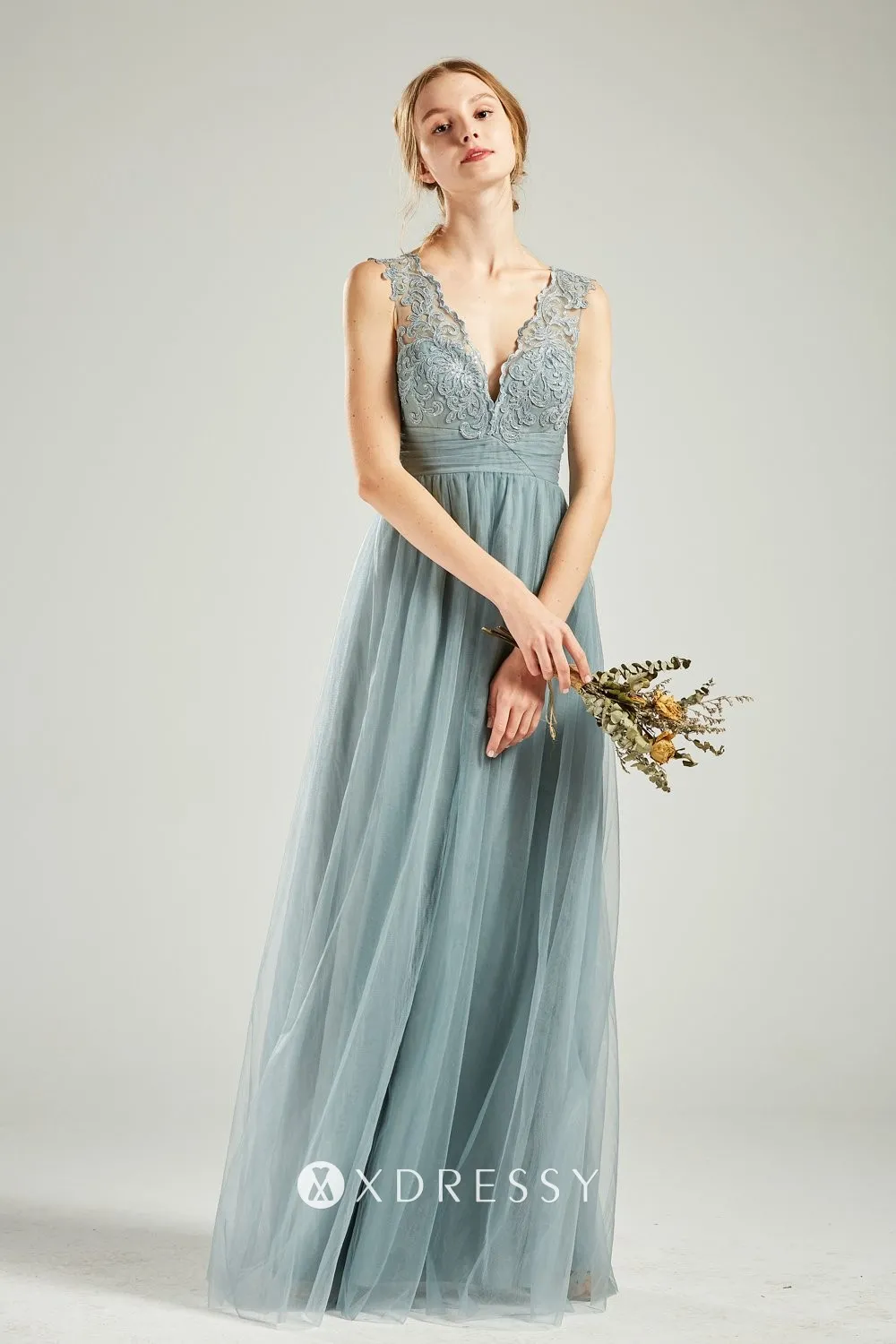 dusty blue scalloped lace tulle V neck bridesmaid gown