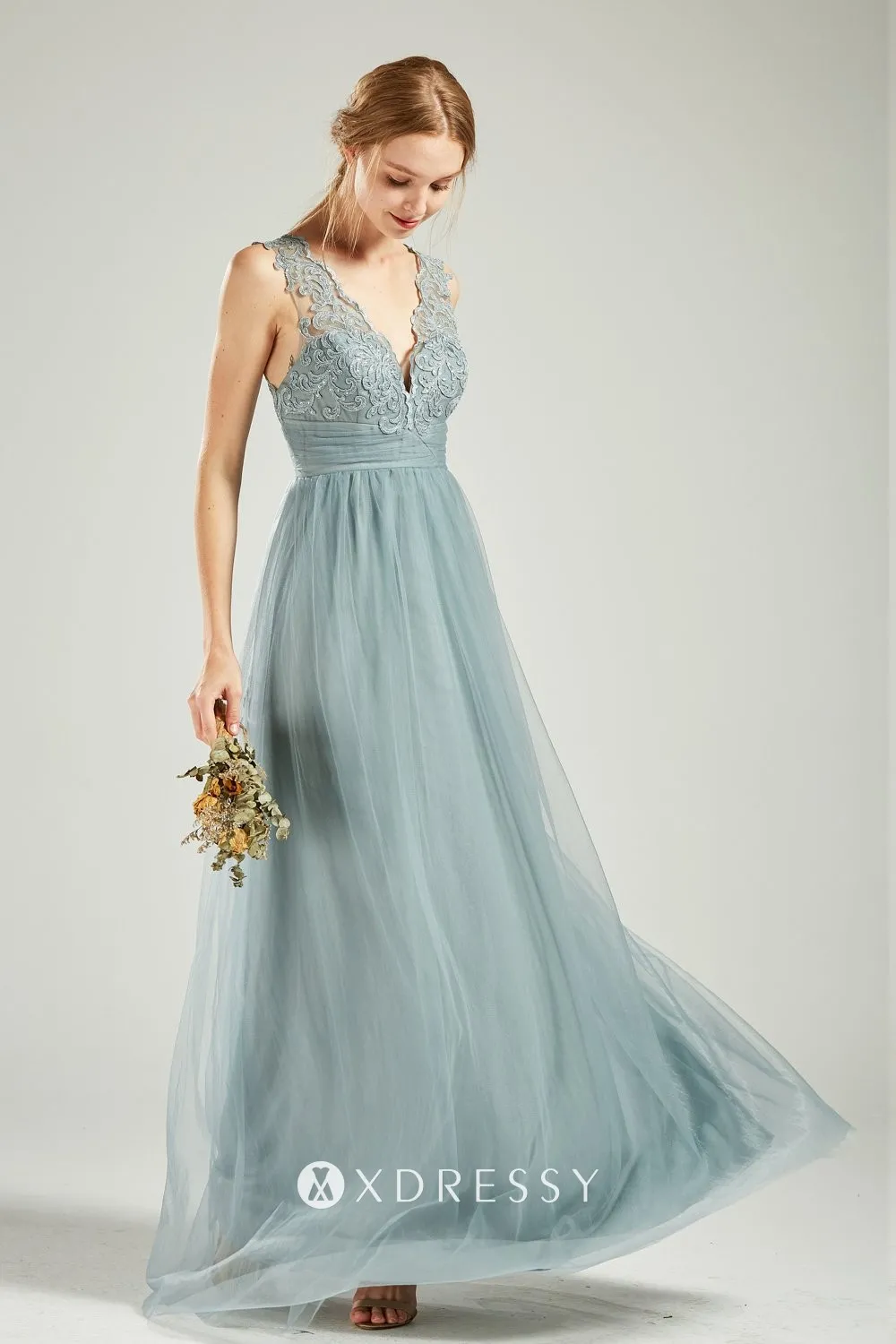 dusty blue scalloped lace tulle V neck long bridesmaid dress