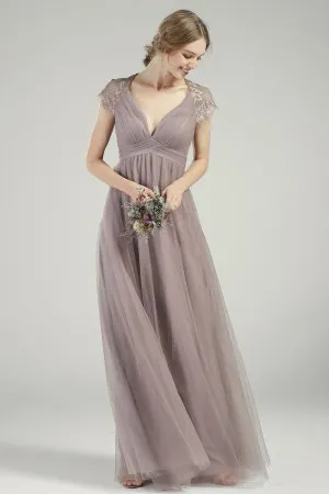 retro tan lace tulle cap sleeve V neck A line bridesmaid dress