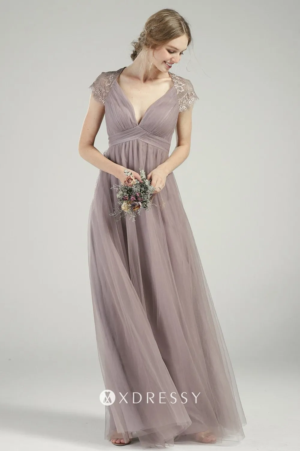 retro tan lace tulle cap sleeve V neck A line bridesmaid dress retro tan lace tulle cap sleeve V neck A line bridesmaid dress