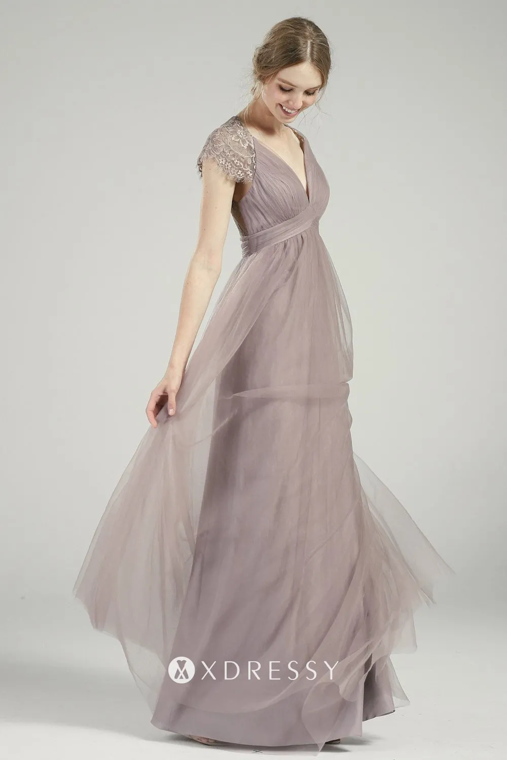 retro tan lace tulle cap sleeve V neck A line bridesmaid gown retro tan lace tulle cap sleeve V neck A line bridesmaid gown