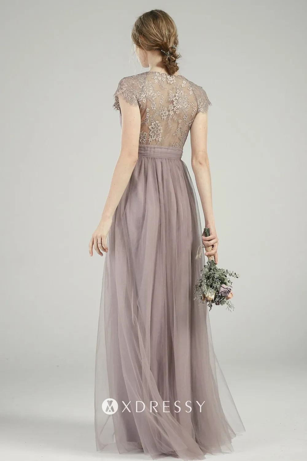 retro tan lace tulle cap sleeve illusion back A line dress retro tan lace tulle cap sleeve illusion back A line dress