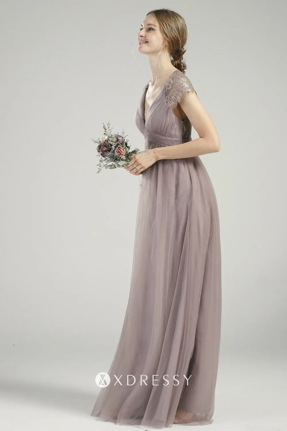 retro tan lace tulle cap sleeved V neck A line bridesmaid dress retro tan lace tulle cap sleeved V neck A line bridesmaid dress