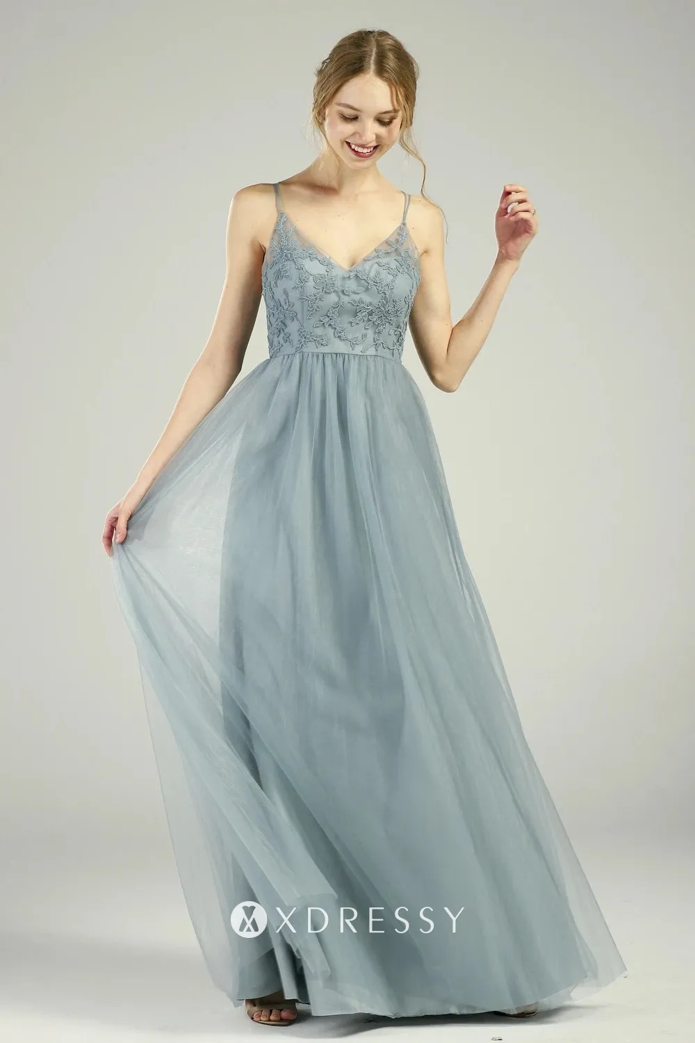 dusty blue lace tulle V neck bridesmaid dress