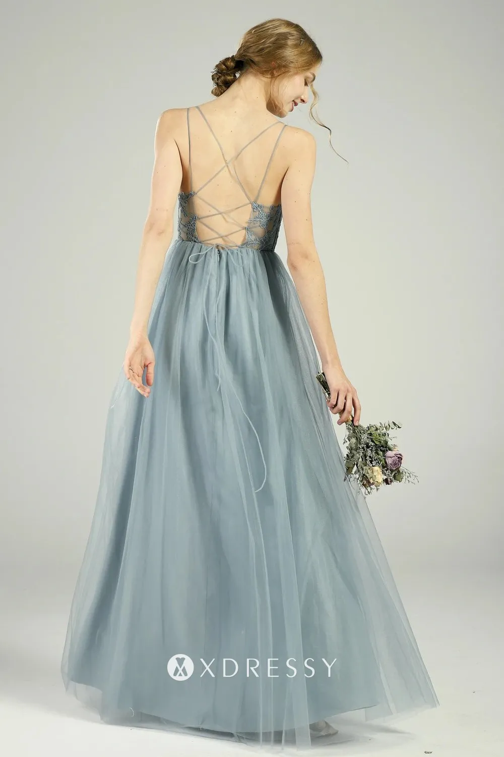 dusty blue lace tulle criss cross back bridesmaid dress
