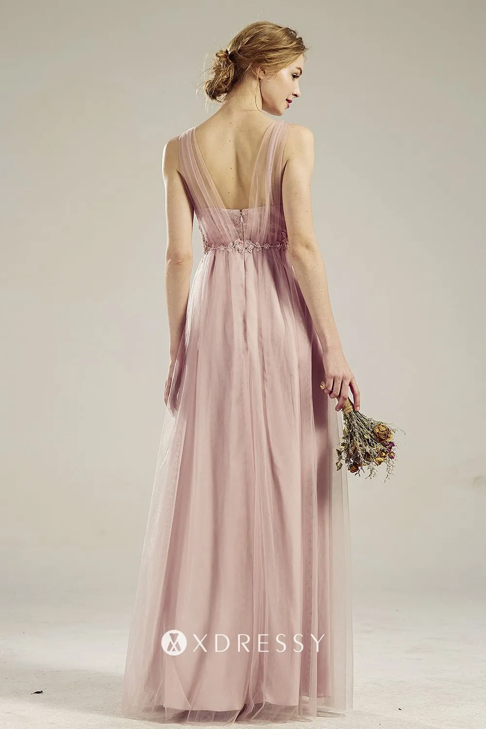 elegant blush lace tulle V back A line bridesmaid dress elegant blush lace tulle V back A line bridesmaid dress