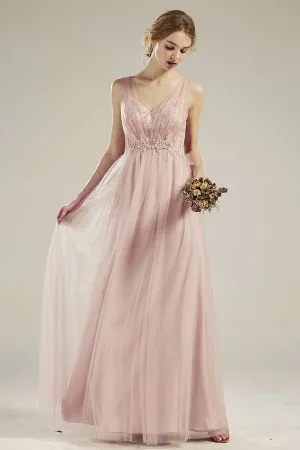 elegant blush lace tulle V neck A line bridesmaid dress