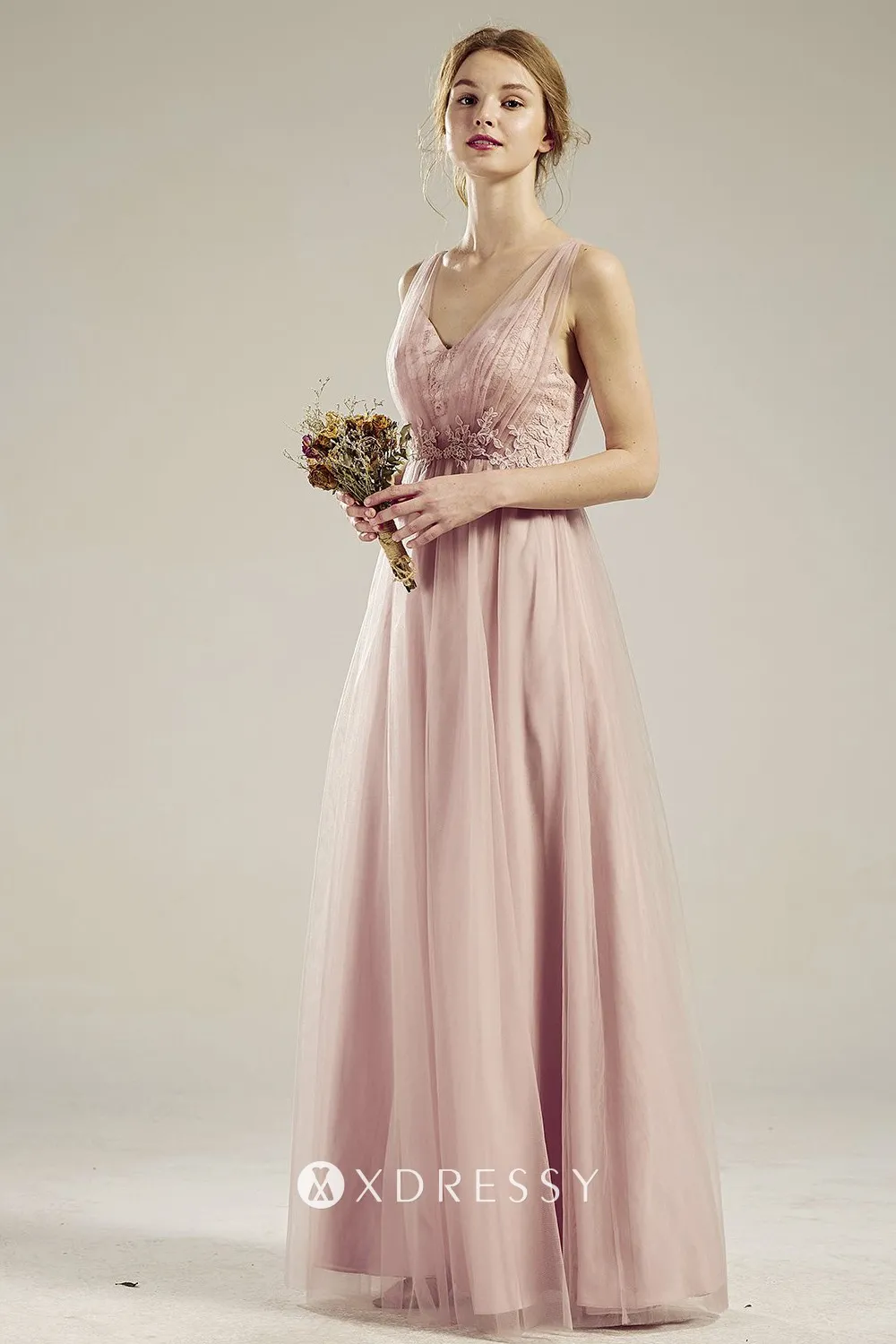 elegant blush lace tulle V neck A line bridesmaid gown elegant blush lace tulle V neck A line bridesmaid gown