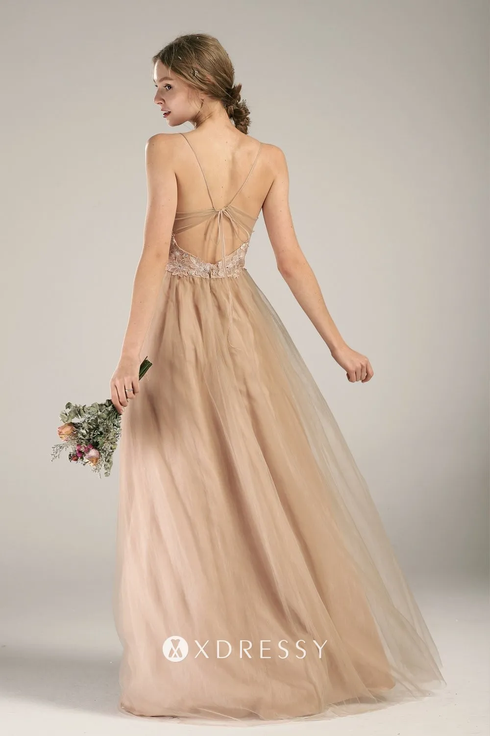 charming Khaki nude lace tulle V back bridesmaid gown