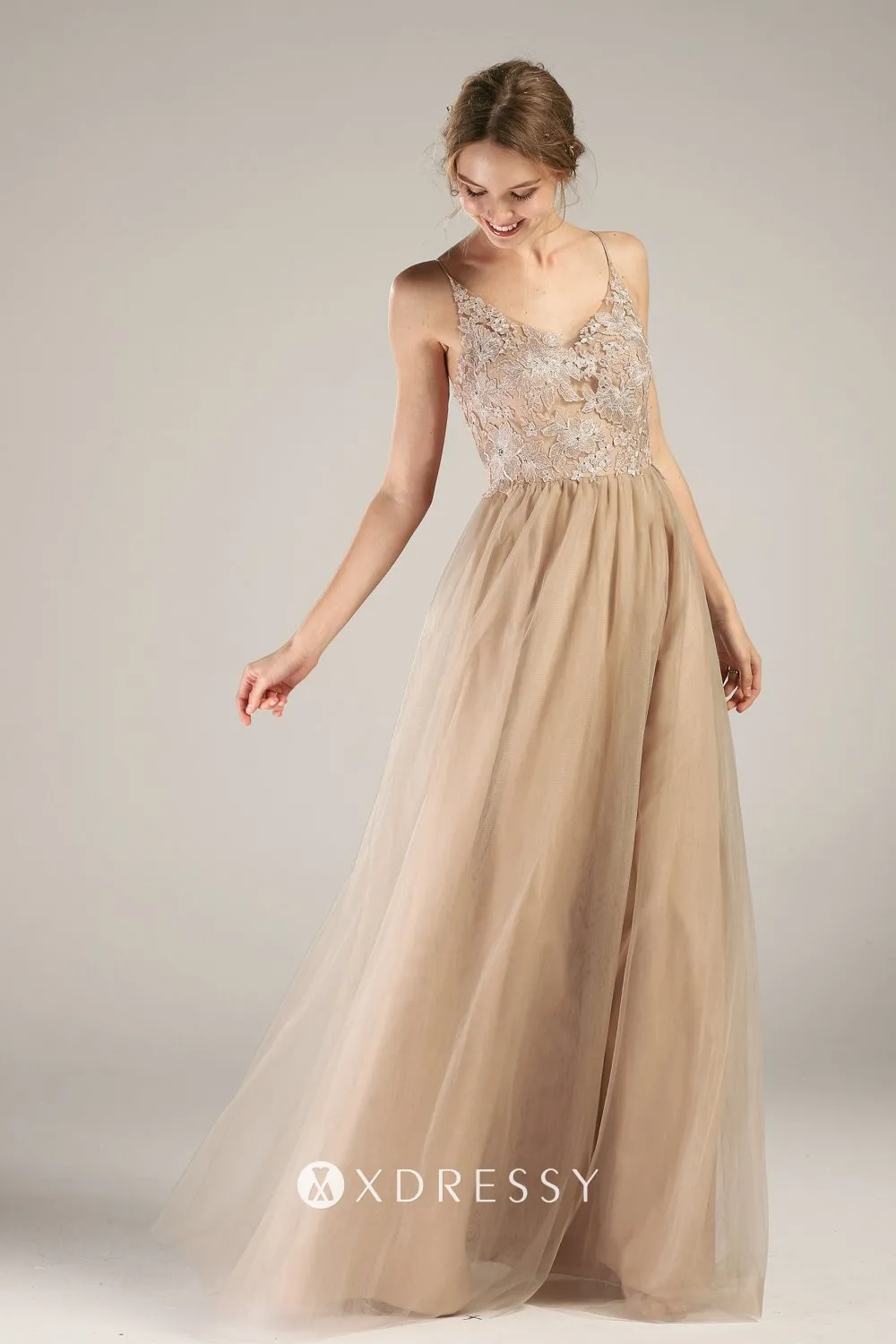 charming Khaki nude lace tulle V neck A line bridesmaid dress