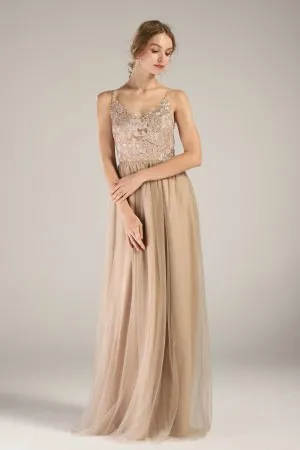 charming Khaki nude lace tulle V neck bridesmaid dress