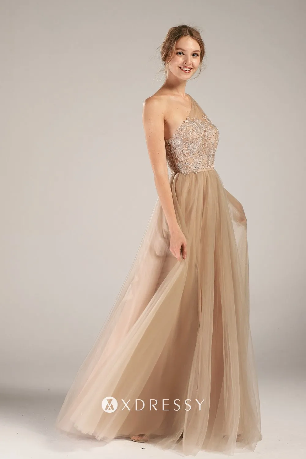 khaki nude lace and tulle A line dress khaki nude lace and tulle A line dress
