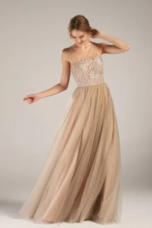 khaki nude one shoulder lace tulle slit bridesmaid gown