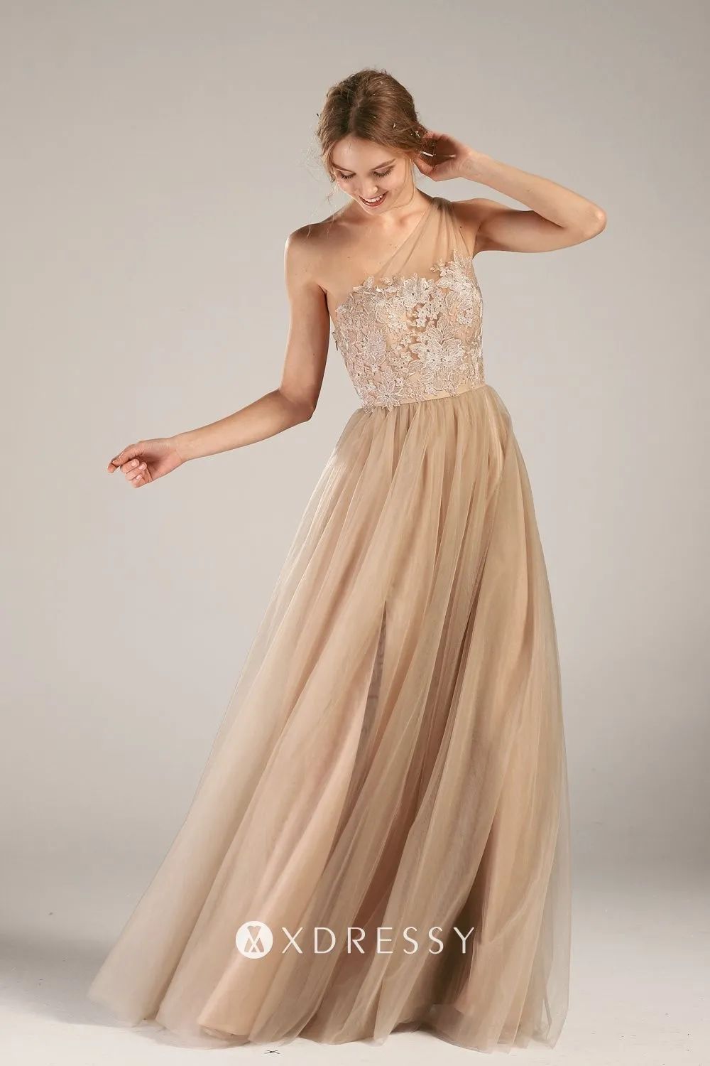 khaki nude one shoulder lace tulle slit bridesmaid gown khaki nude one shoulder lace tulle slit bridesmaid gown