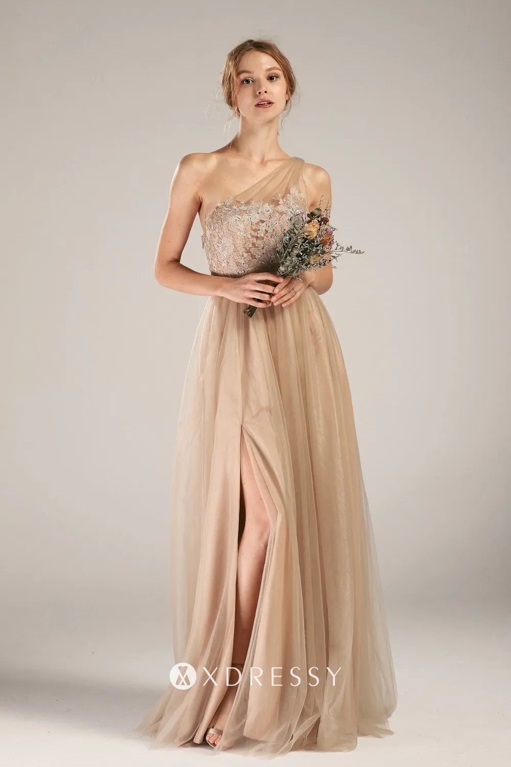 khaki nude single strap slit long bridesmaid dress khaki nude single strap slit long bridesmaid dress