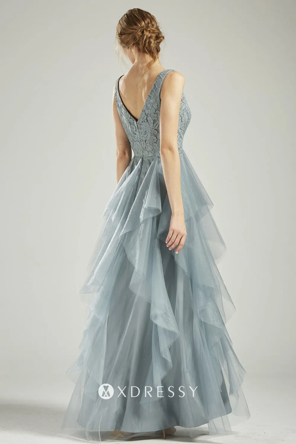 dusty blue lace tulle V back ruffled bridesmaid dress dusty blue lace tulle V back ruffled bridesmaid dress
