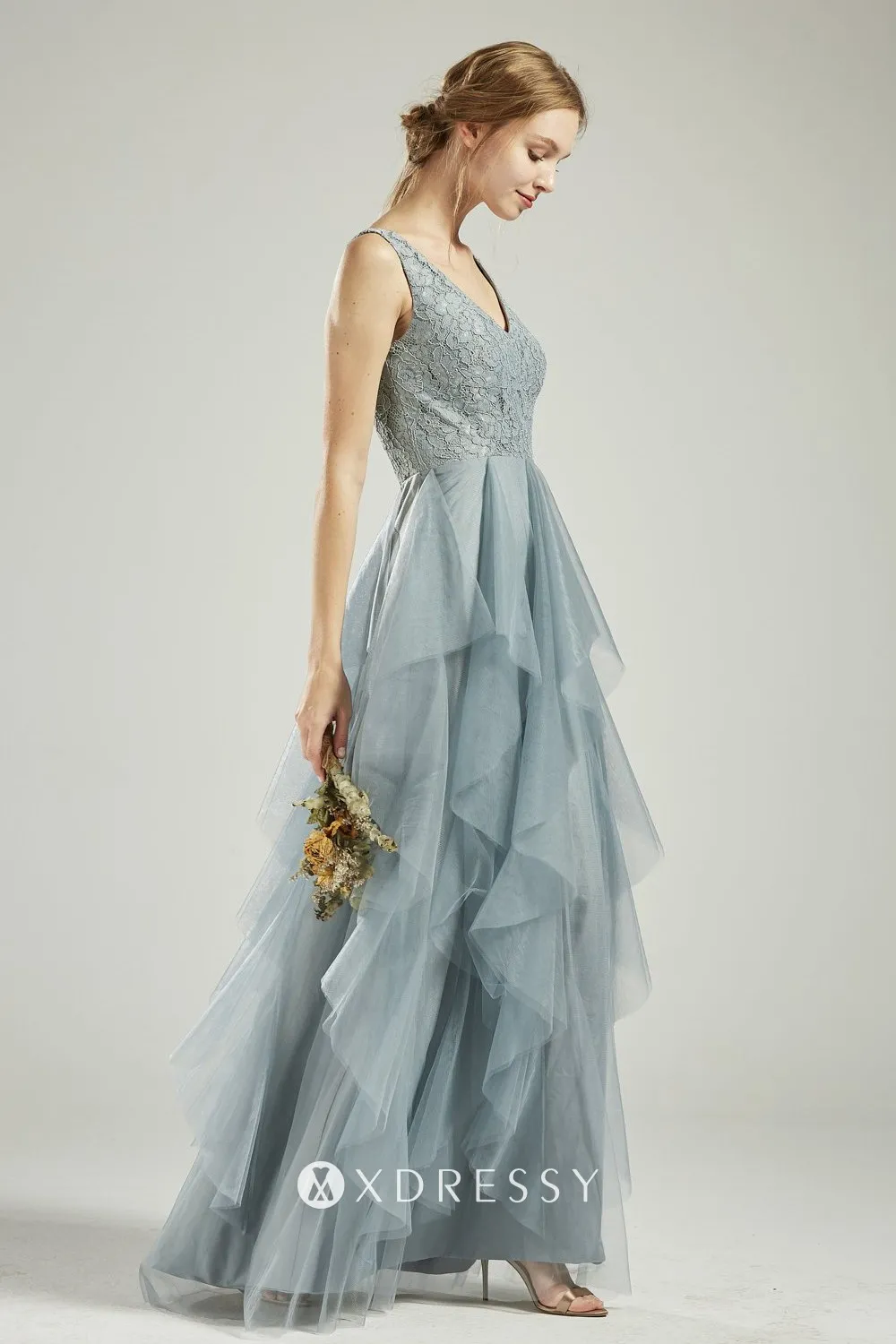 dusty blue lace tulle V neck ruffled A line bridesmaid dress dusty blue lace tulle V neck ruffled A line bridesmaid dress