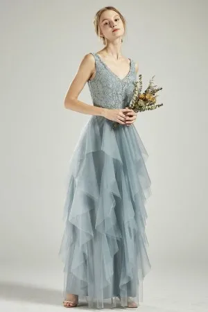 dusty blue lace tulle V neck ruffled bridesmaid dress