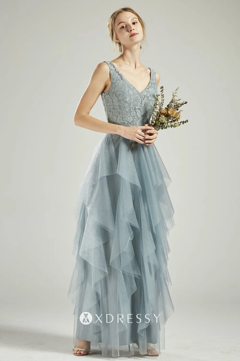 dusty blue lace tulle V neck ruffled bridesmaid dress dusty blue lace tulle V neck ruffled bridesmaid dress
