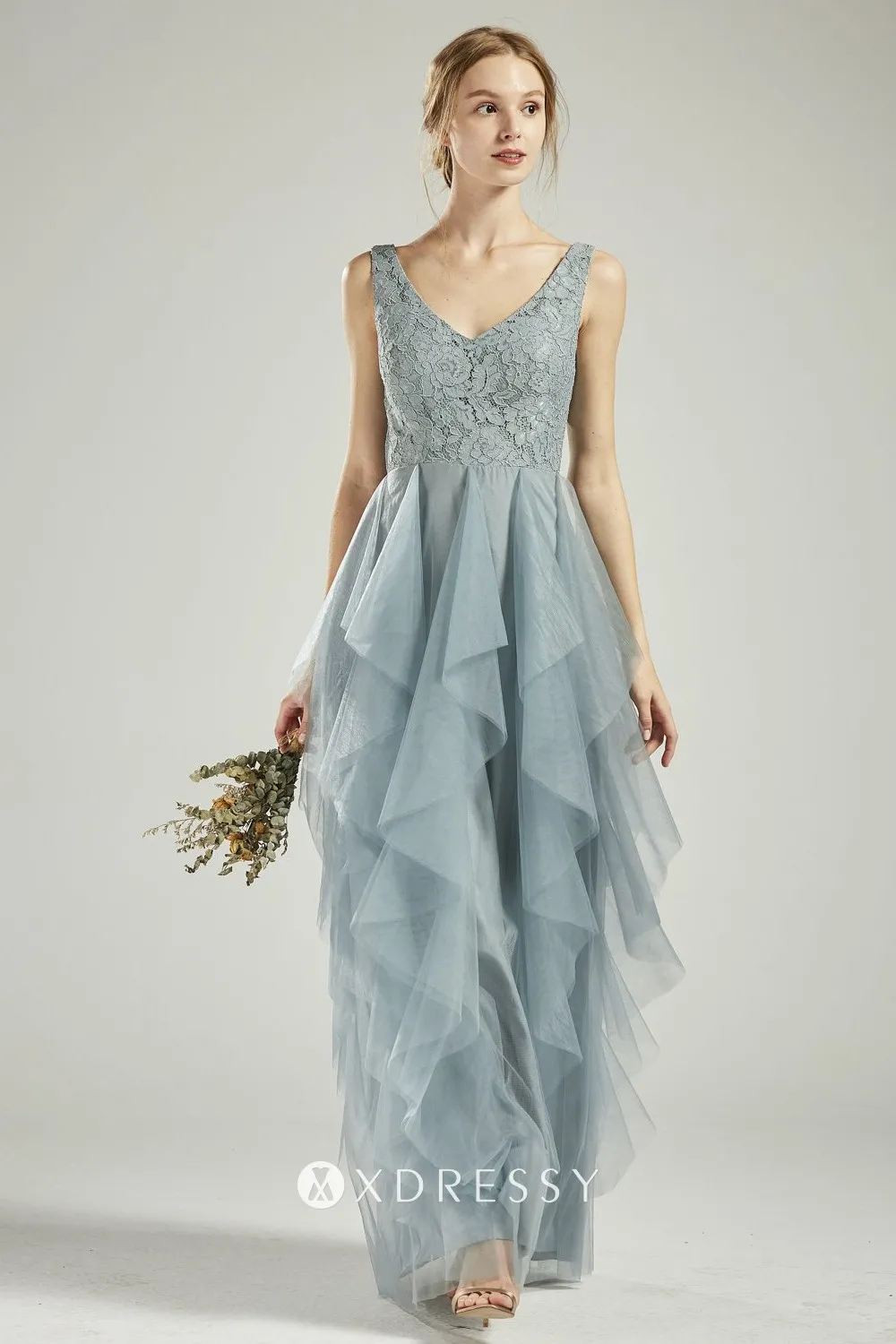 dusty blue lace tulle V neck ruffled bridesmaid gown dusty blue lace tulle V neck ruffled bridesmaid gown