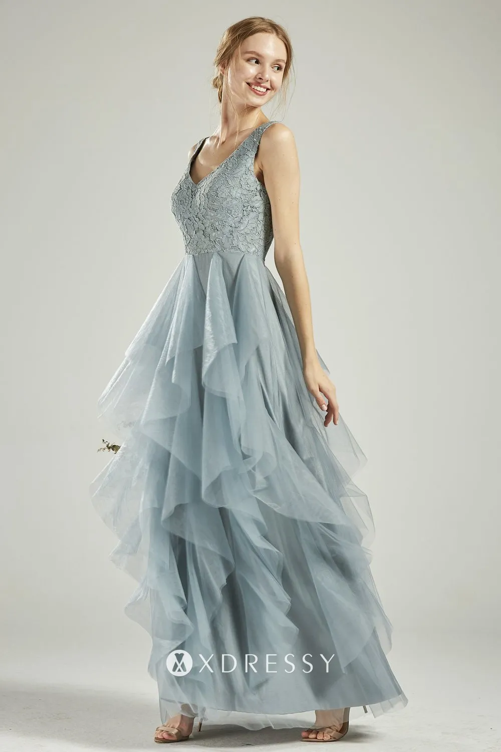 dusty blue lace tulle V neck ruffled sleeveless bridesmaid dress dusty blue lace tulle V neck ruffled sleeveless bridesmaid dress