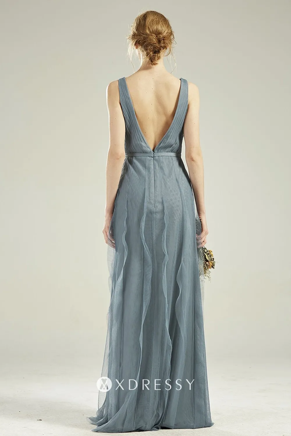 chic dusty blue tulle V back ruffled long A line bridal party dress chic dusty blue tulle V back ruffled long A line bridal party dress