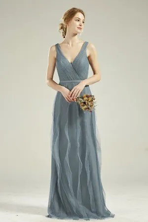 chic dusty blue tulle V neck ruffled long A line bridal party dress