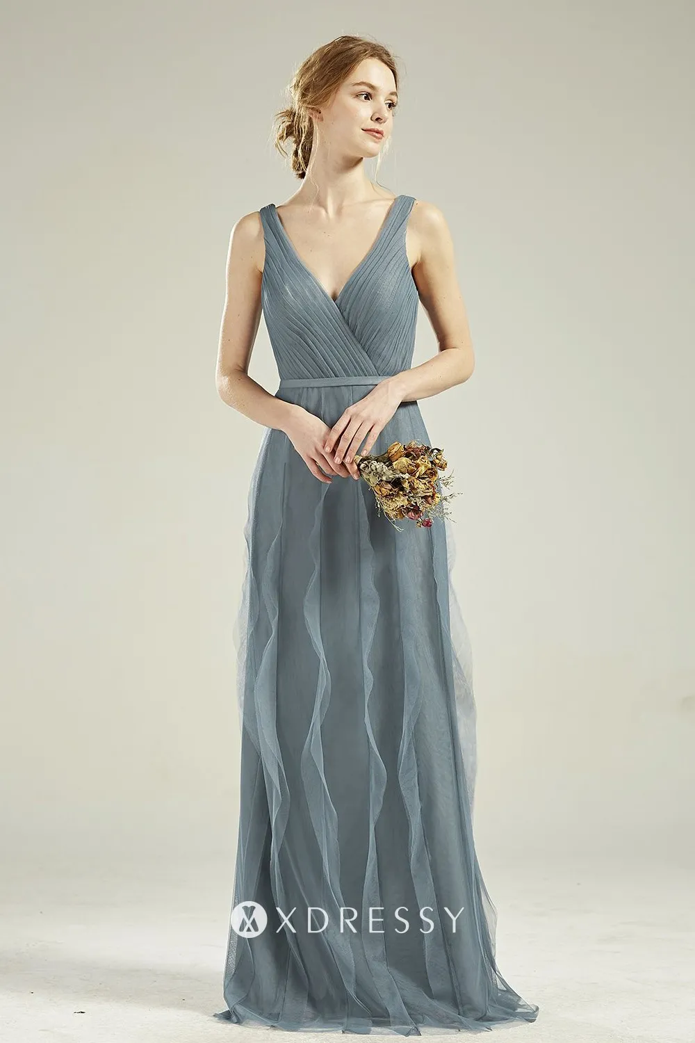 chic dusty blue tulle V neck ruffled long A line bridal party dress chic dusty blue tulle V neck ruffled long A line bridal party dress