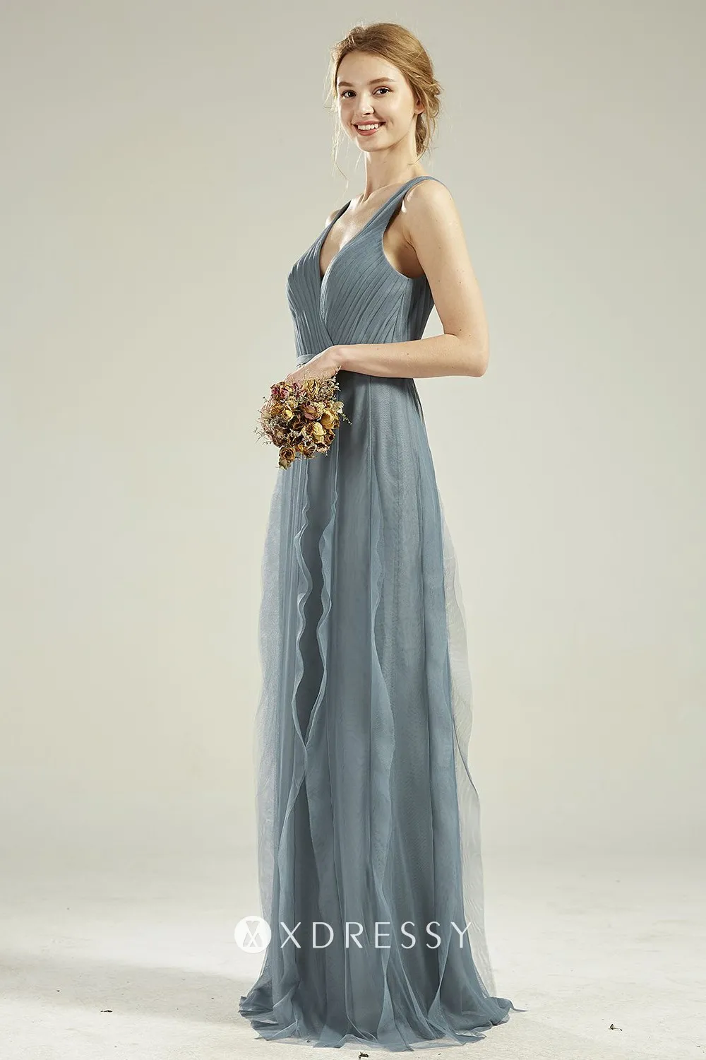 chic dusty blue tulle V neck ruffled long A line bridal party gown chic dusty blue tulle V neck ruffled long A line bridal party gown