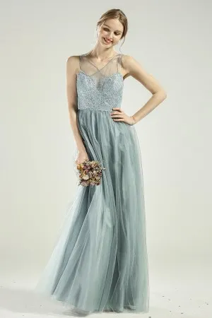 dainty dusty blue lace tulle V neck overlay bridesmaid dress