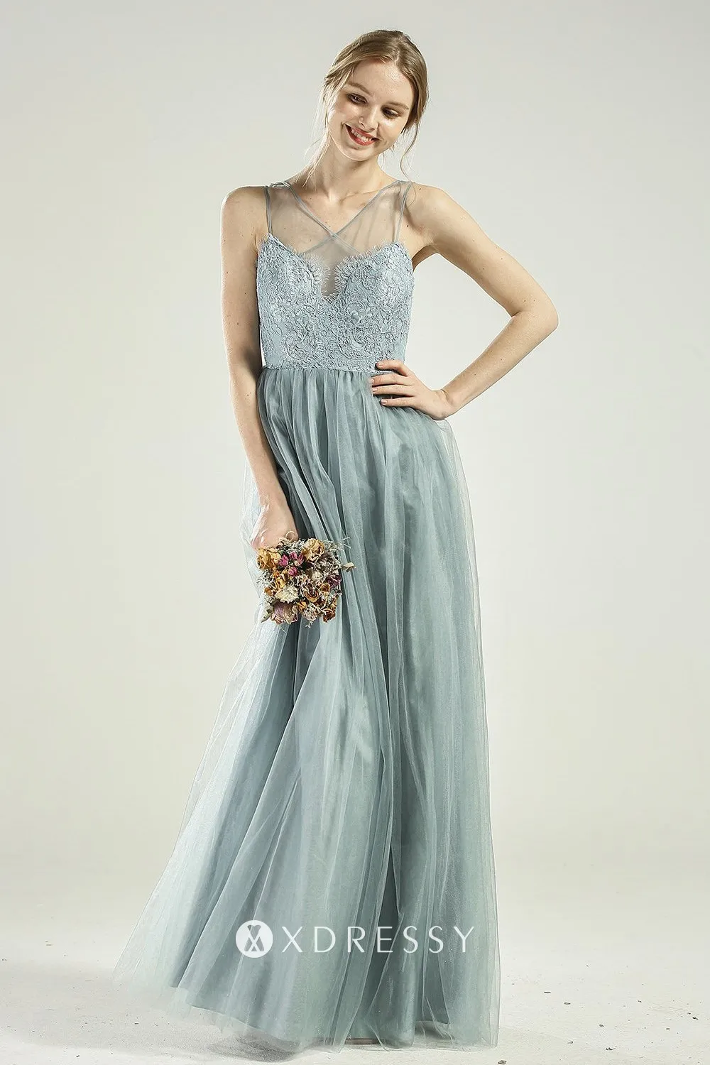 dainty dusty blue lace tulle V neck overlay bridesmaid dress